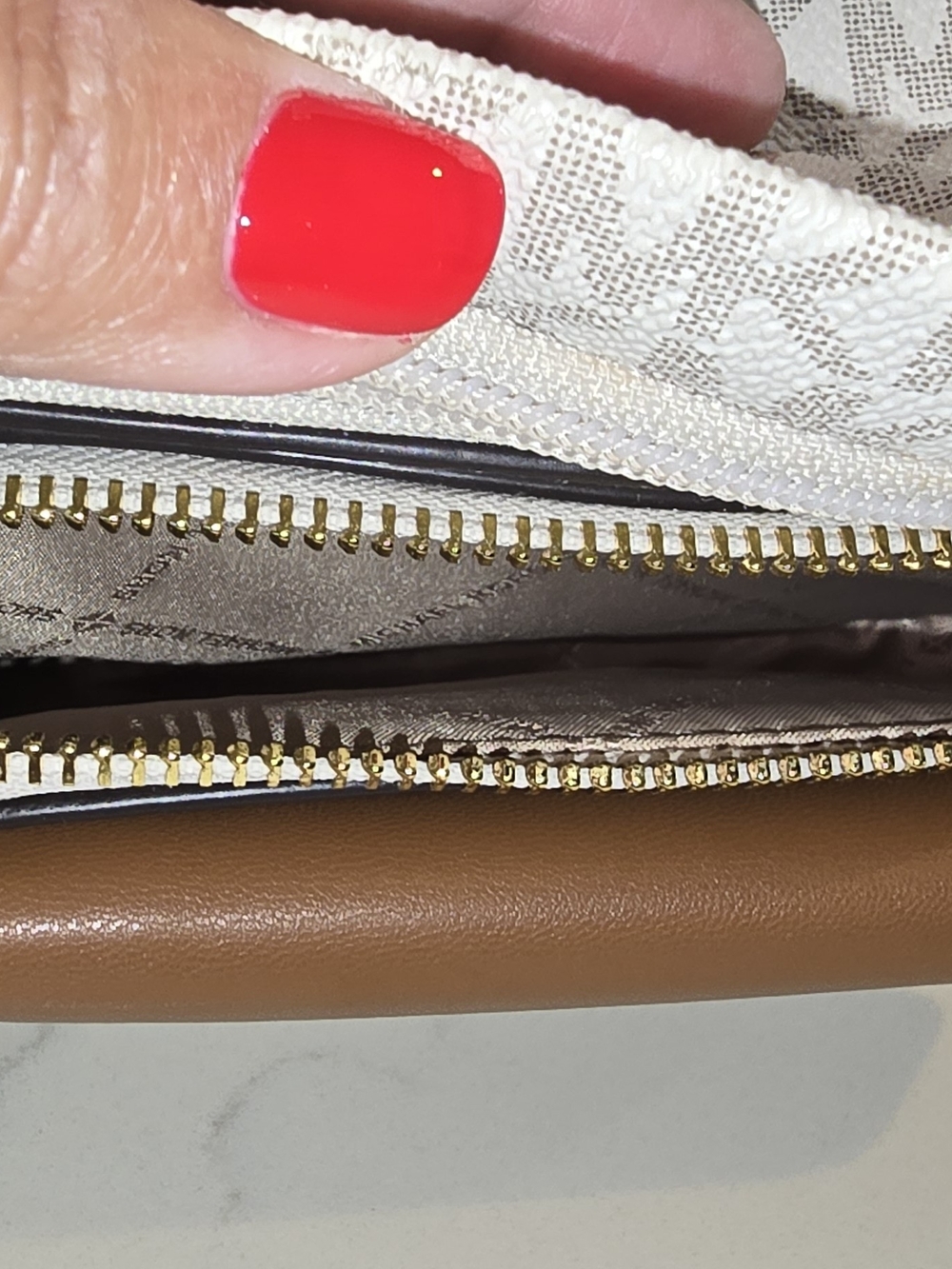 Michael Kors Beige/White MK Signature Crossbody with Brown Leather Flap - Picture 8 of 10
